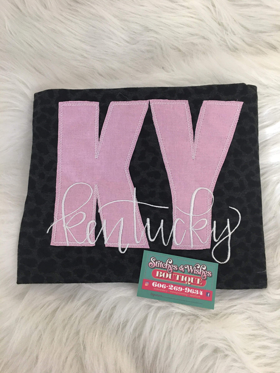 KY with pink glitter applique Stitches and Wishes Boutique