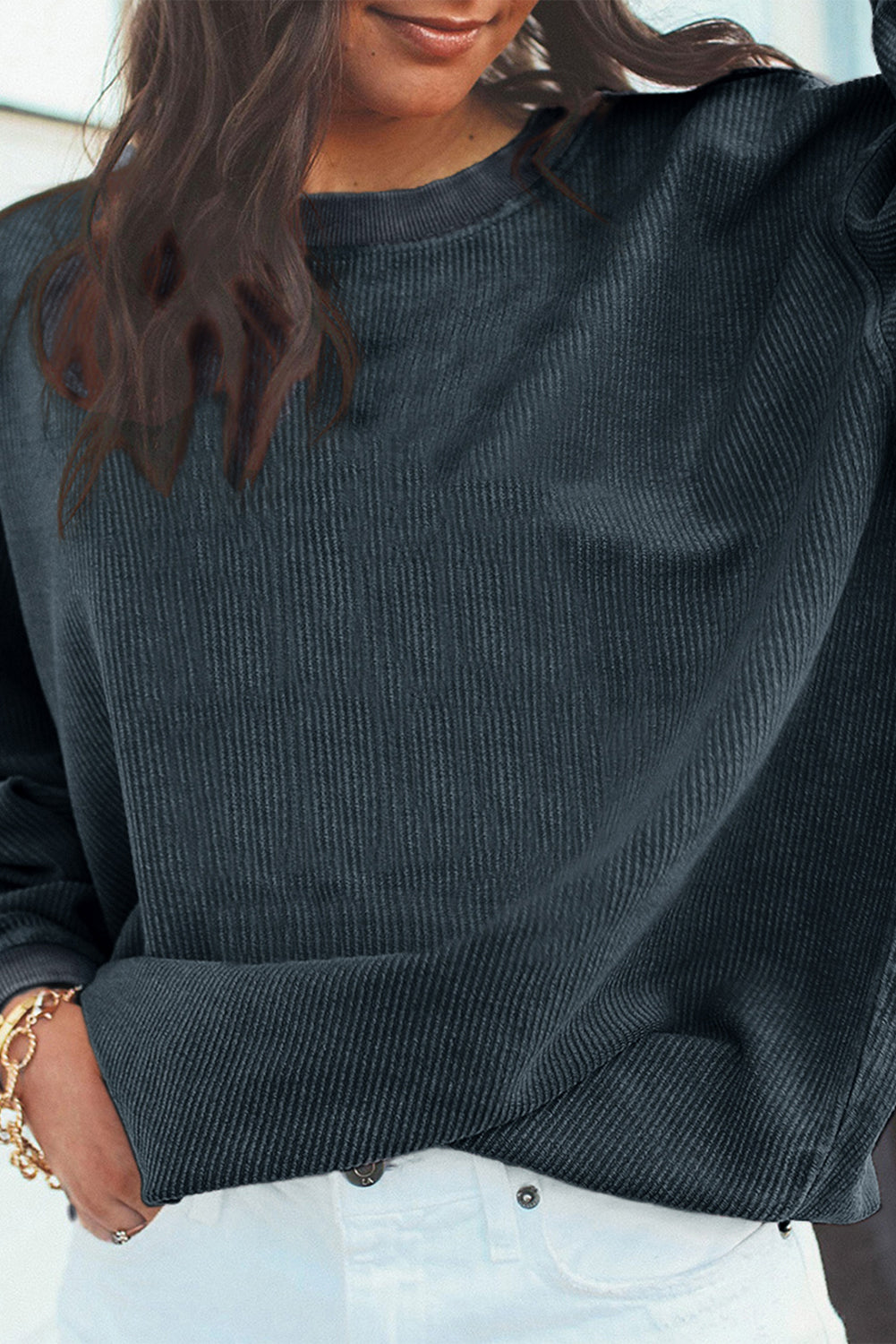 Grass Green Rib Knit Drop Shoulder Oversized Sweatshirt