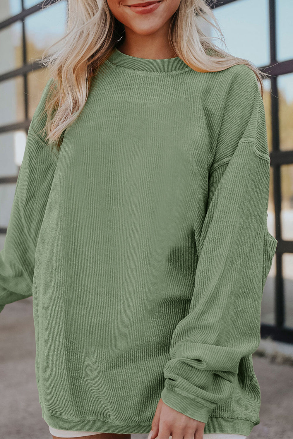 Grass Green Rib Knit Drop Shoulder Oversized Sweatshirt