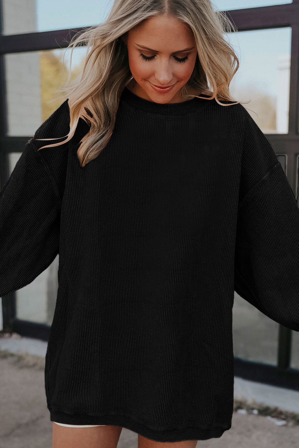 Grass Green Rib Knit Drop Shoulder Oversized Sweatshirt