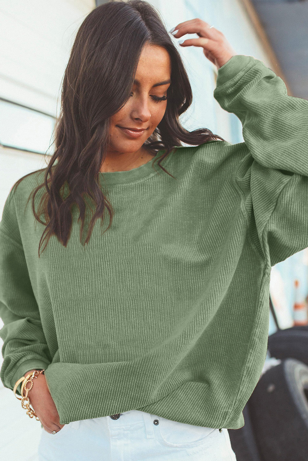 Grass Green Rib Knit Drop Shoulder Oversized Sweatshirt