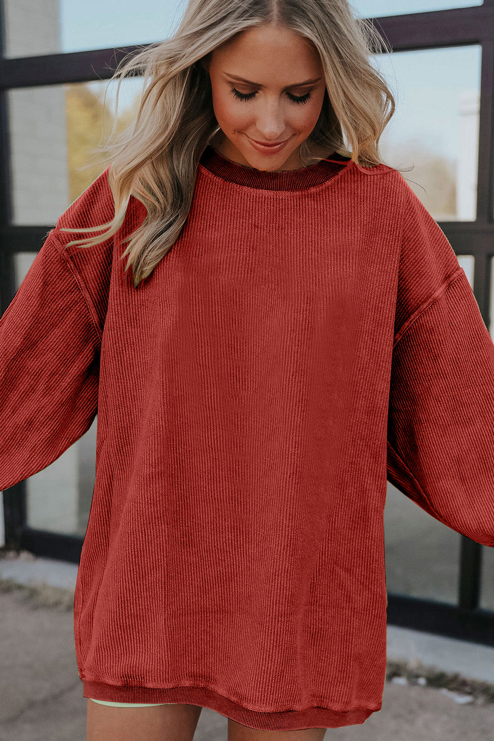Grass Green Rib Knit Drop Shoulder Oversized Sweatshirt