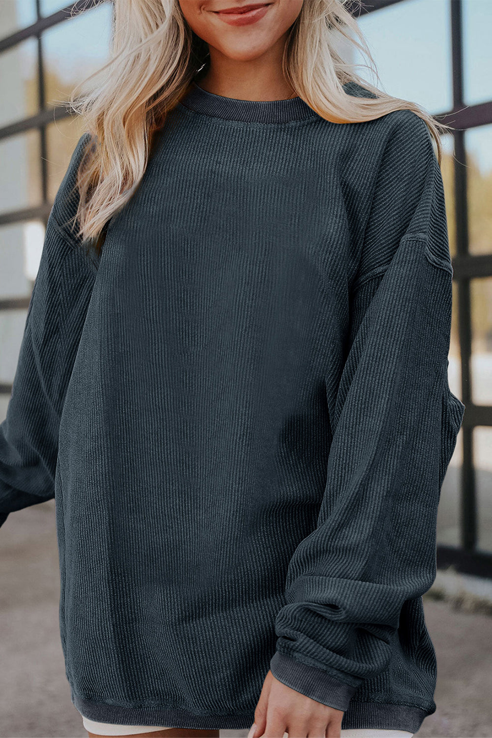 Grass Green Rib Knit Drop Shoulder Oversized Sweatshirt