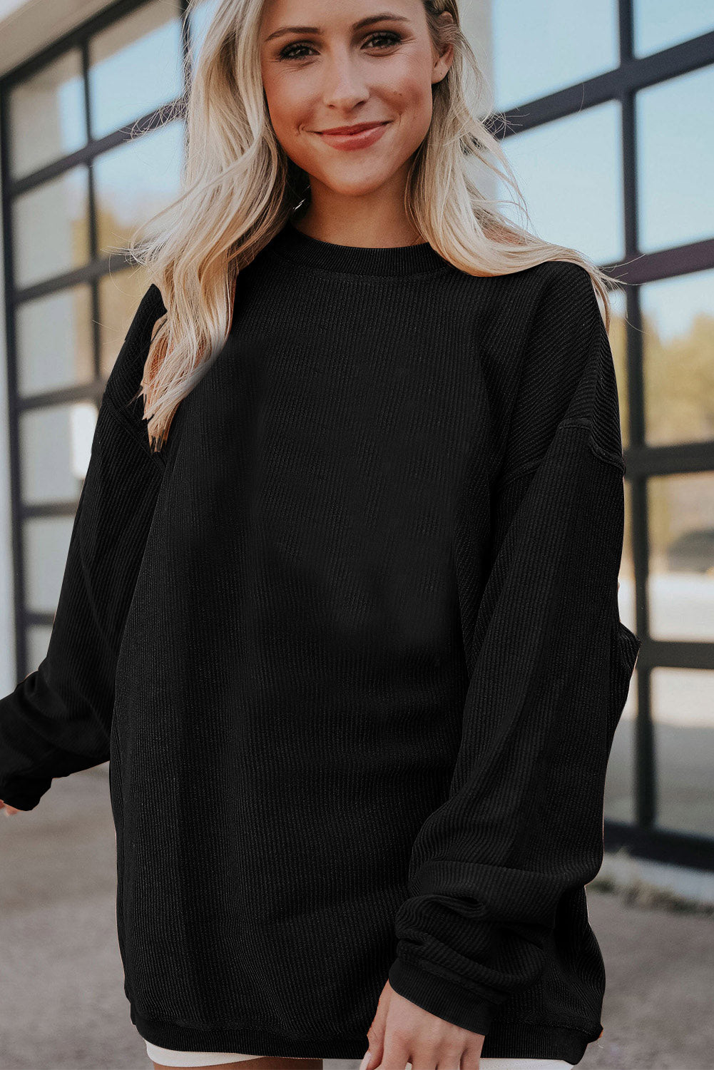 Grass Green Rib Knit Drop Shoulder Oversized Sweatshirt